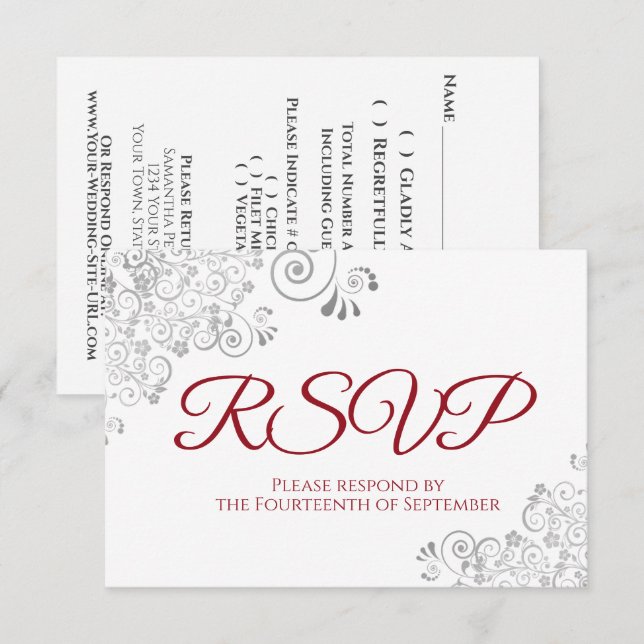 Rot und Weiß Elegante Silver Lace Wedding RSVP Karte (Vorne/Hinten)