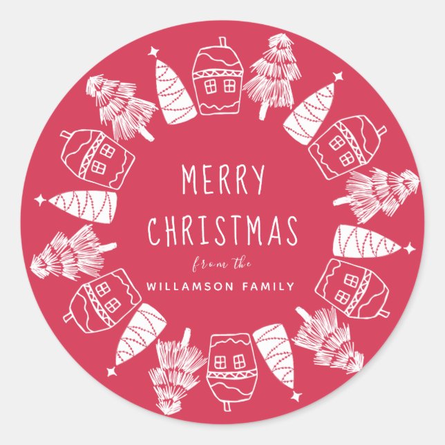 Rot und Weiß Frohe Weihnachten Custom Umschlag Auf Runder Aufkleber (Vorderseite)