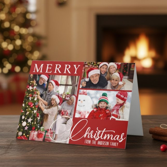 Rot und Weiß frohe Weihnachten Drei Foto Klassik (Red And White Merry Christmas Three Photo Classic Holiday Card)