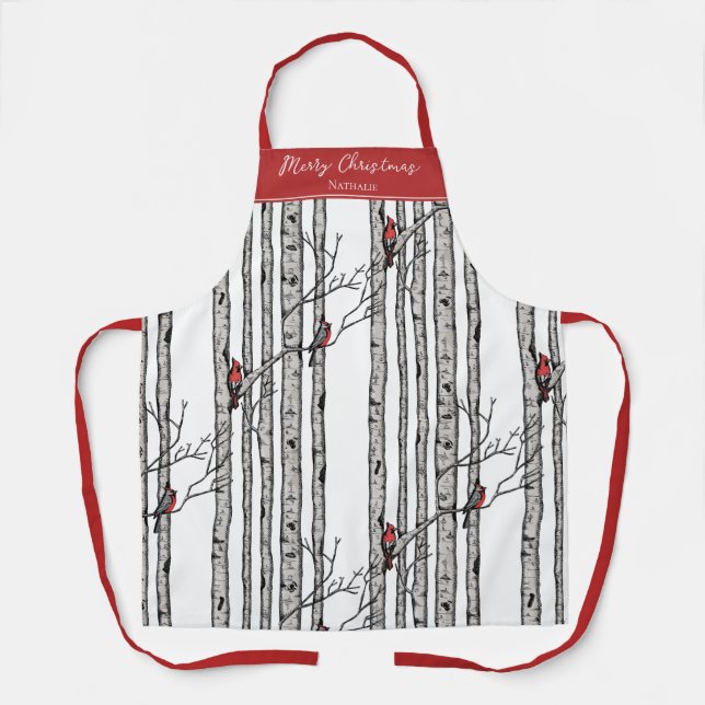 Rot und Weiß Frohe Weihnachten Kardinal Bird Birch Schürze (Vorderseite)