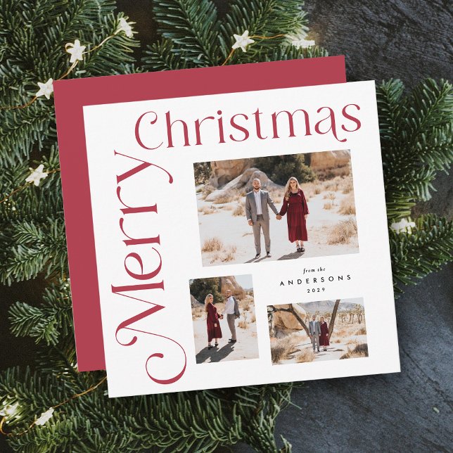 Rot und Weiß frohe Weihnachten Modernes Foto (Red Merry Christmas Modern Type Photo Holiday Card - 5x5 Square)