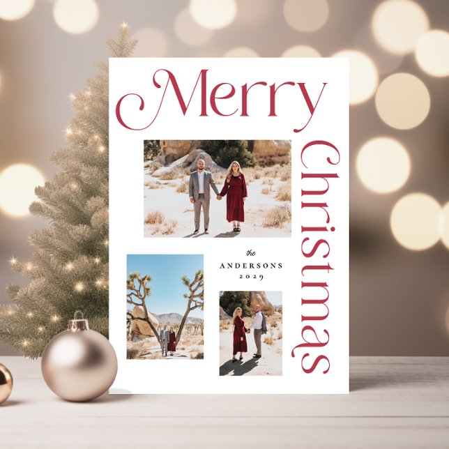 Rot und Weiß frohe Weihnachten Modernes Foto (Red and White Merry Christmas Modern Type Photo Holiday Card - Front)