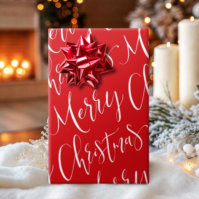 Rot und Weiß frohe Weihnachtskalligraphie Urlaub Geschenkpapier (Red And White Merry Christmas Calligraphy Holiday Wrapping Paper)