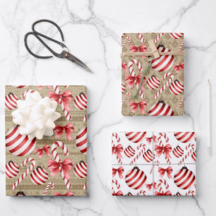 Rot und weiß gestreifte Bälle und Kanistöcke Geschenkpapier Set