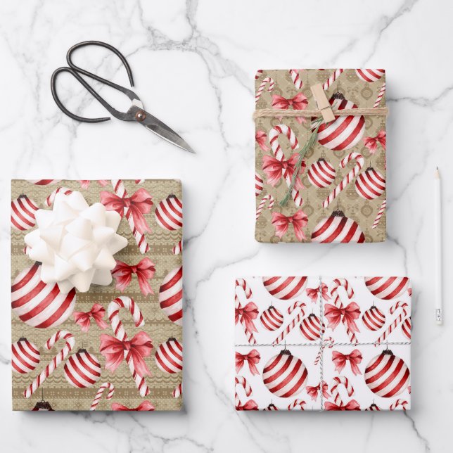 Rot und weiß gestreifte Bälle und Kanistöcke Geschenkpapier Set (Vorderseite)