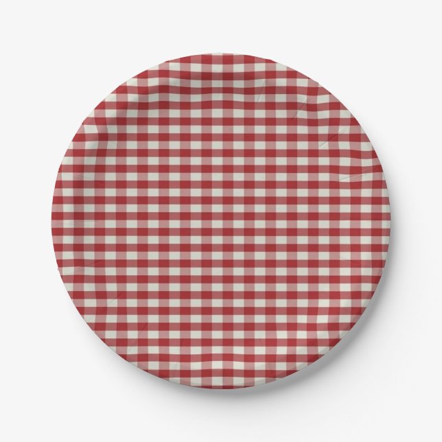 Rot und Weiß Gingham Pappteller (Vorderseite)