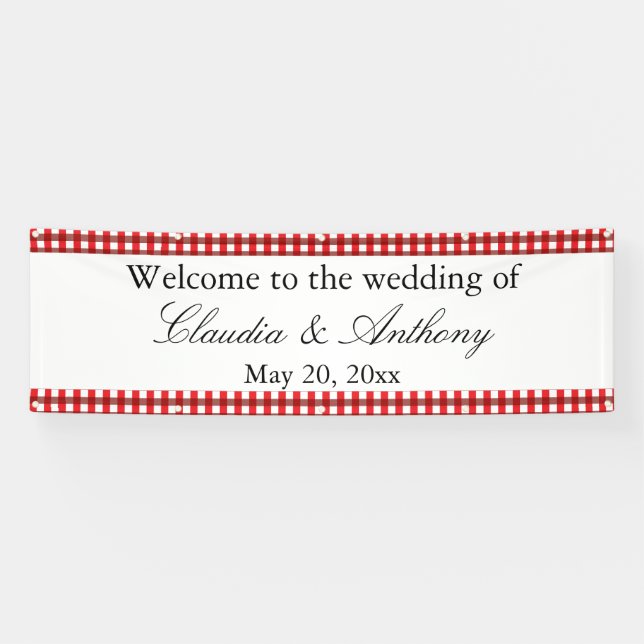 Rot und Weiß Gingham Pattern Barbeque Wedding Banner (Horizontal)