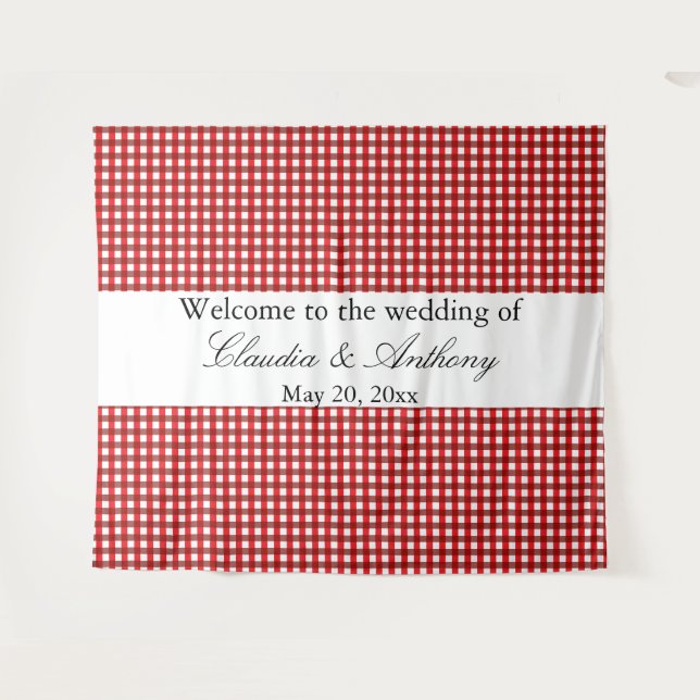 Rot und Weiß Gingham Pattern Barbeque Wedding Wandteppich (Vorderseite (Horizontal))