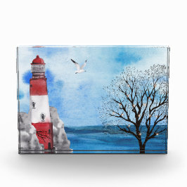 Rot und Weiß Leuchtturm Wasserfarben-Szene Fotoblock