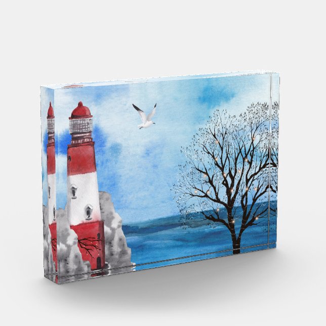 Rot und Weiß Leuchtturm Wasserfarben-Szene Fotoblock (Links)
