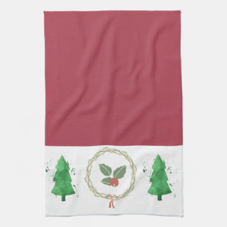 Rot und weiß mit Weihnachts-Stechpalme und Bäumen Geschirrtuch