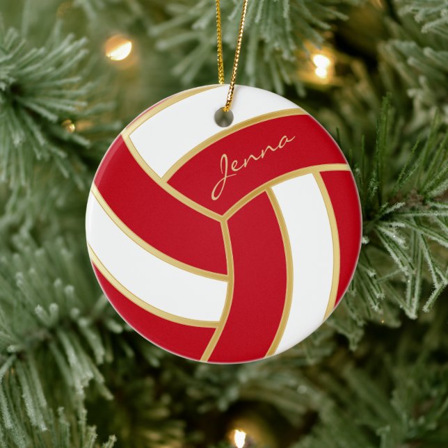 Rot und Weiß personalisieren Volleyball Keramik Ornament (Baum)