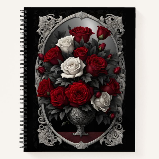 Rot und Weiß Rose Bouquet Goth Notizbuch (Vorderseite)