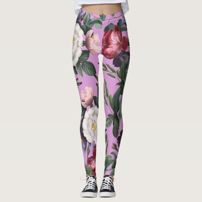 Rot und Weiß Rosen Sommer boho Luxus lila Leggings (Vorderseite)