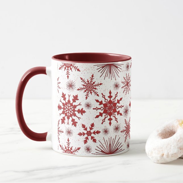 Rot und Weiß Schneeflockenmuster Weihnachten Tasse (Mit Donut)