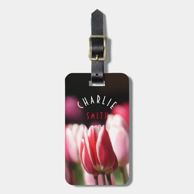 Rot und Weiß (und Rosa) Tulpen Gepäckanhänger (Vorderseite vertikal)