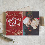 Rot-Warmwasser wünscht modernes kalligrafisches Fo Feiertagskarte<br><div class="desc">Mit dieser individuell gestaltbaren Weihnachtskarte senden Sie Ihren Freunden und Familie Ihre herzlichsten Wünsche. Diese Foto-Urlaubskarte zeichnet sich durch moderne Kalligraphie mit Laub-Akzenten aus. Personalisieren Sie diese,  indem Sie Ihre Daten hinzufügen. Diese Weihnachtskarte ist in anderen Farben und mit einem Karton erhältlich. Matching-Elemente sind verfügbar.</div>
