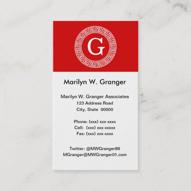 Rot, was griechischer Schlüsselrahmen, erstes Mono Visitenkarte (Vorderseite)