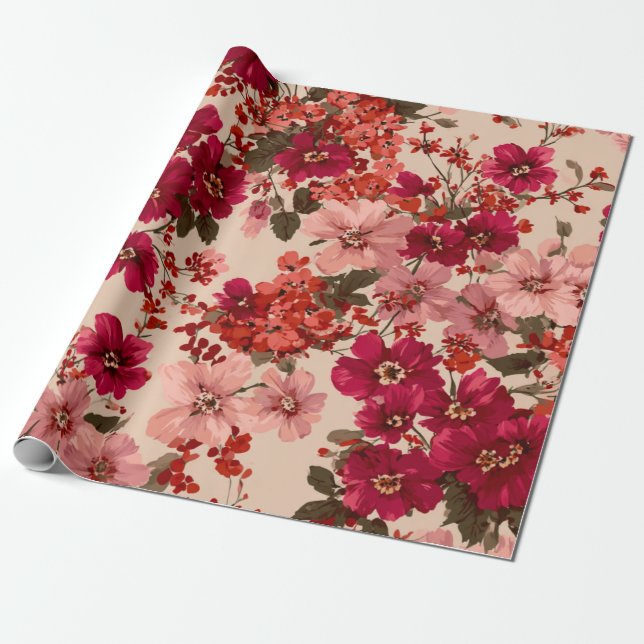 Rot weich rosa Ditsy-Blumenmuster Pastell Boho 70e Geschenkpapier (Ungerollt)