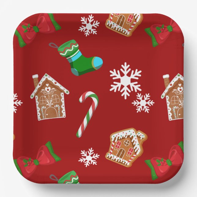 Rot-Weihnachts-Lebkuchenmuster Pappteller (Vorderseite)