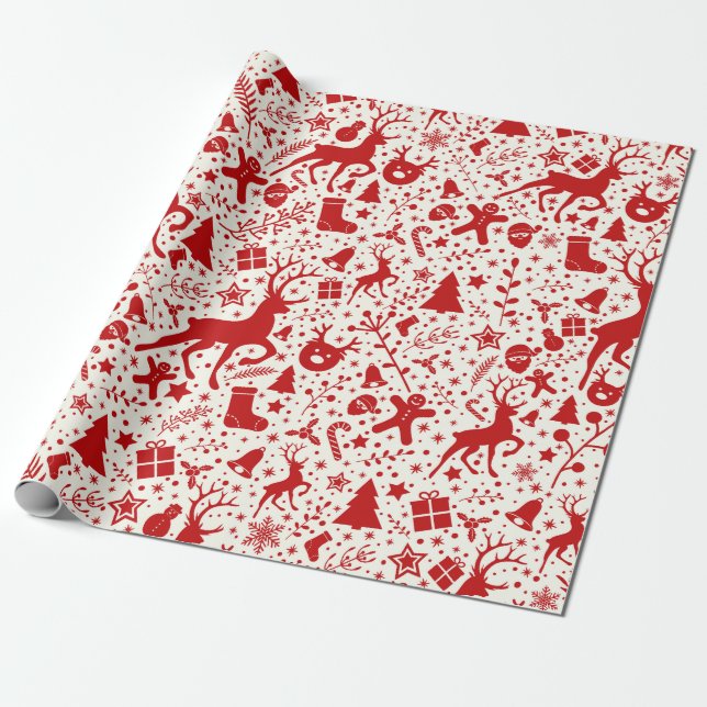 Rot-Weihnachts-Rentier-Silhouette-Muster Geschenkpapier (Ungerollt)