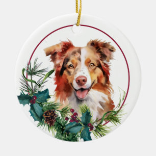 Rot Weiß Australian Shepherd Hund Immergrüner Kran Keramik Ornament