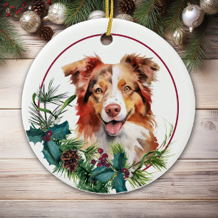 Rot Weiß Australian Shepherd Hund Immergrüner Kran Keramik Ornament
