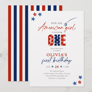 Rot Weiß & Blau All American Girl 1. Geburtstag Einladung