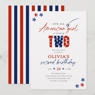 Rot Weiß & Blau All American Girl 2. Geburtstag Einladung