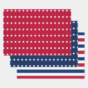 Rot Weiß Blau Amerikanisch USA 4. Juli Sterne Stre Geschenkpapier Set