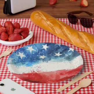 Rot-Weiß-Blau-Aquarell-Amerikanische Flagge  Pappteller