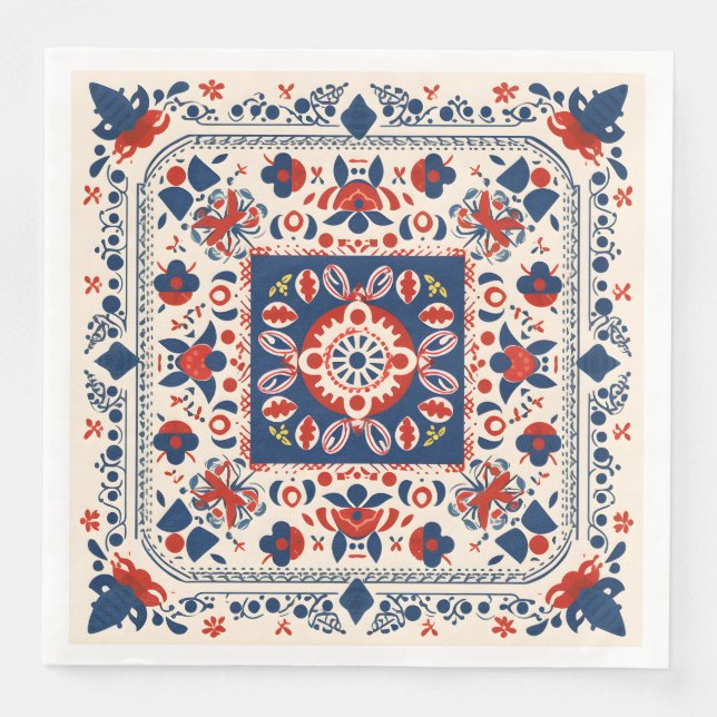 Rot-weiß-blau-boho chic geometrische Volkskunst Serviette (Vorderseite)