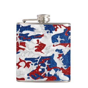 Rot, Weiß & Blau Camouflage 4. Juli Glitter Flachmann