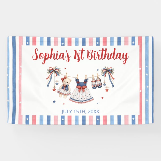 Rot Weiß & Blau Kleidung Mädchen Geburtstag Banner (Horizontal)