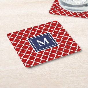 Rot Weiß Blau Moderne Monogramm-Quatrefoil-Küstend Rechteckiger Pappuntersetzer