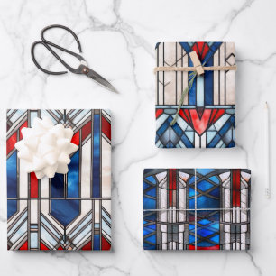 Rot Weiß Blau Patriotisches Buntglas 4. Juli Geschenkpapier Set
