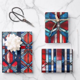Rot Weiß Blau Patriotisches Buntglas 4. Juli Geschenkpapier Set