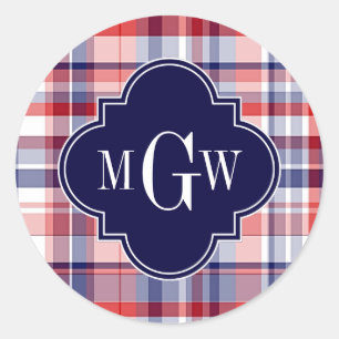 Rot Weiß Blau Preppy Madras Monogramm Runder Aufkleber