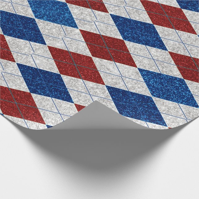 Rot, Weiß, Blaue Raute 4. Juli Glitzer Geschenkpapier (Ecke)