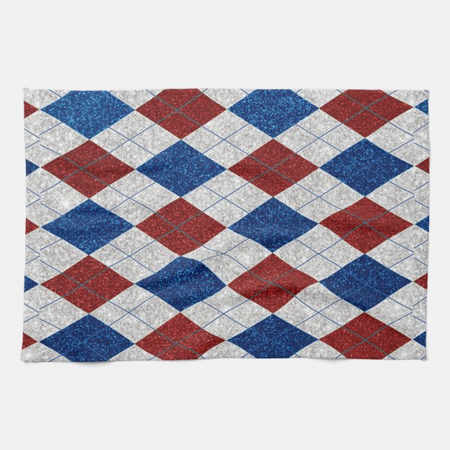 Rot, Weiß, Blaue Raute 4. Juli Glitzer Geschirrtuch (Horizontal)