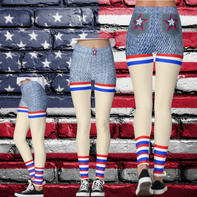 Rot, Weiß, Blauer Denim Patriotische Läden wie Hos Leggings (Red, White, Blue Stars & Stripes Denim Short Look alike Leggings. Tons of Fun to Wear!)