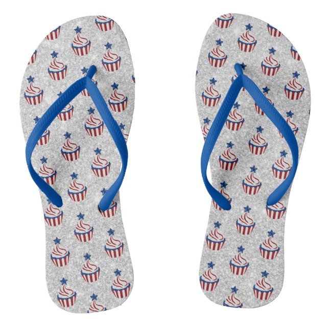 Rot, Weiß, Blauer Juli 4 Glitzer Cupcake Flip Flops (Fußbett)