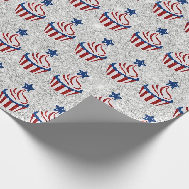 Rot, Weiß, Blauer Juli 4 Glitzer Cupcake Geschenkpapier (Ecke)