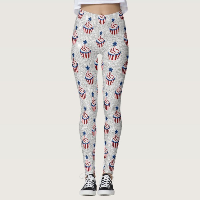 Rot, Weiß, Blauer Juli 4 Glitzer Cupcake Leggings (Vorderseite)