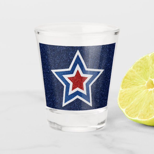 Rot, Weiß, Blue Star 4. Juli Glitzer Schnapsglas (Vorderseite)