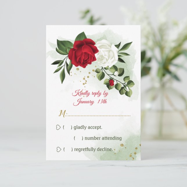 Rot-Weiß-Blume RSVP Karte (Stehend Vorderseite)