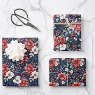 Rot-Weiß-Blumenmuster auf Deep Navy Geschenkpapier Set