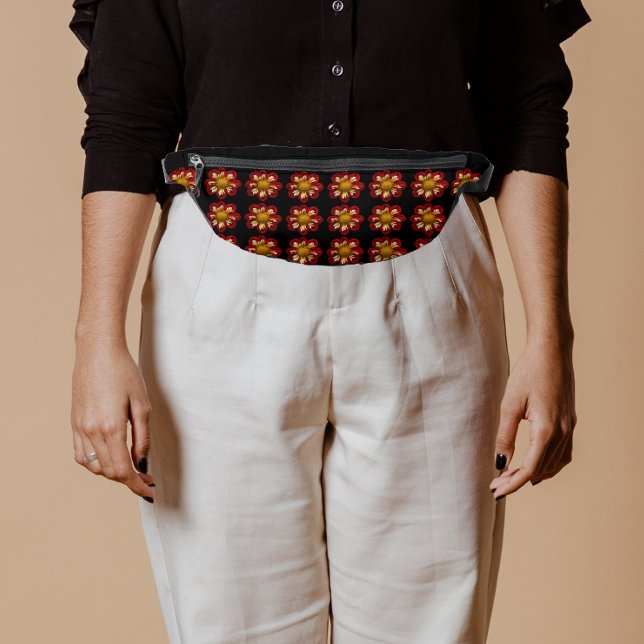 Rot-Weiß-Dahlia-Muster auf Schwarz Bauchtasche (In Situ)