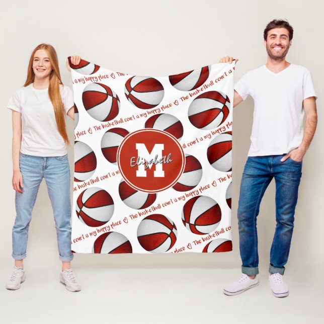 Rot weiß Der Basketballplatz ist mein glücklicher  Fleecedecke (Beispiel)