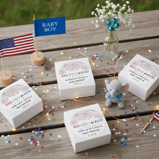 Rot, Weiß & Due! Babydusche am 4. Juli Runder Aufkleber (Von Creator hochgeladen)